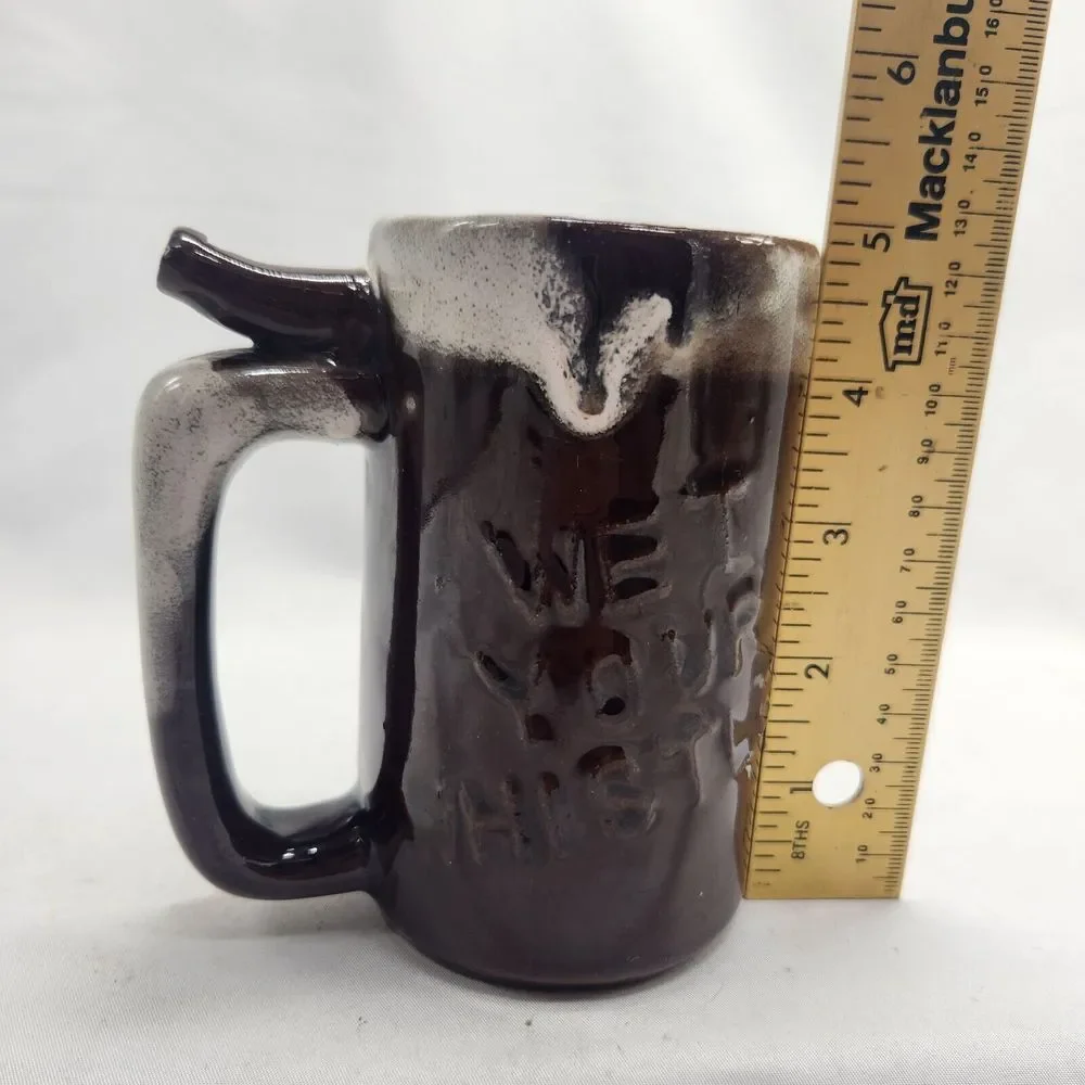 VTG Beer Mug Wet Your Whistle Went to P‎ Brown Ceramic Drip Glaze Cup Fun Gift